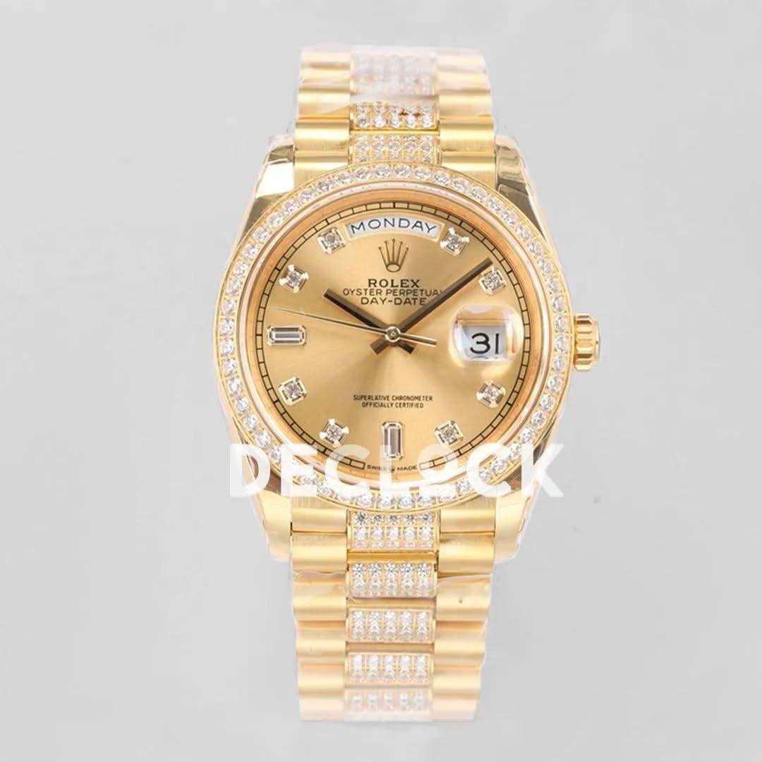 Replica Rolex Day-Date 36 128348RBR Champagne Dial with Diamond Markers and Bezel in Yellow Gold |  Declock.