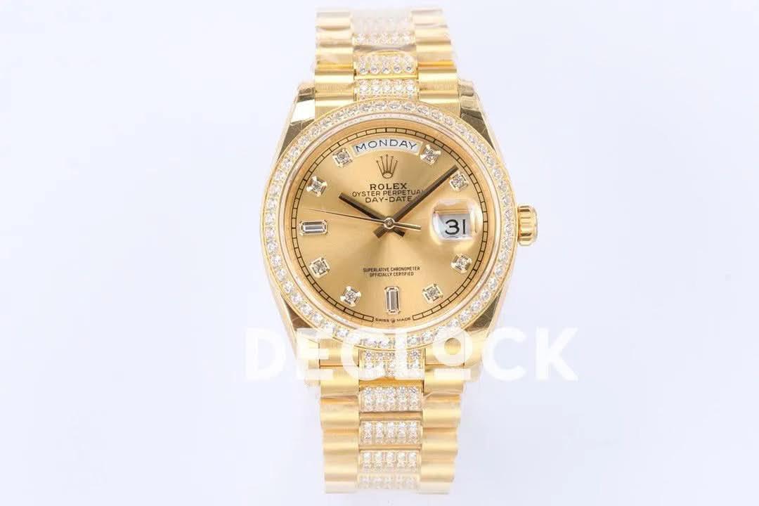 Replica Rolex Day-Date 36 128348RBR Champagne Dial with Diamond Markers and Bezel in Yellow Gold |  Declock.