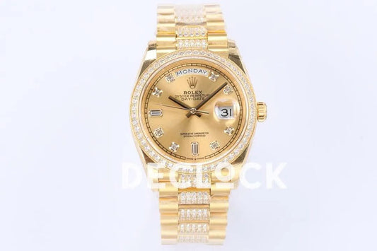 Replica Rolex Day-Date 36 128348RBR Champagne Dial with Diamond Markers and Bezel in Yellow Gold |  Declock.
