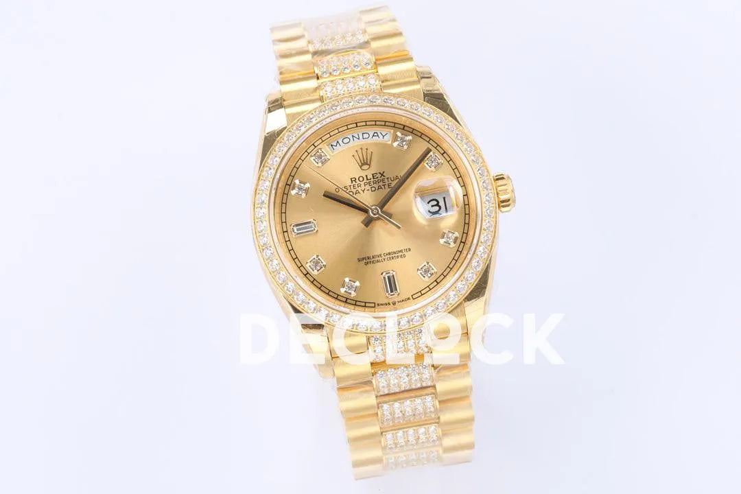 Replica Rolex Day-Date 36 128348RBR Champagne Dial with Diamond Markers and Bezel in Yellow Gold