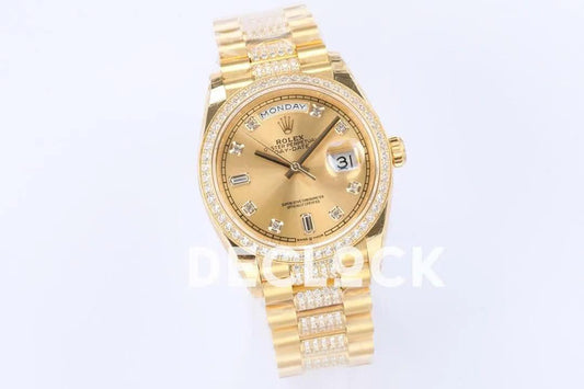 Replica Rolex Day-Date 36 128348RBR Champagne Dial with Diamond Markers and Bezel in Yellow Gold | Declock.
