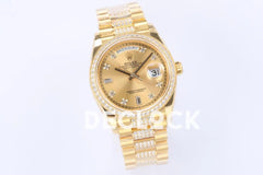 Replica Rolex Day-Date 36 128348RBR Champagne Dial with Diamond Markers and Bezel in Yellow Gold