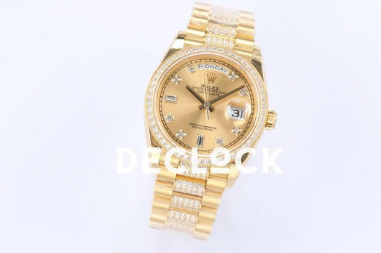 Replica Rolex Day-Date 36 128348RBR Champagne Dial with Diamond Markers and Bezel in Yellow Gold | Declock.