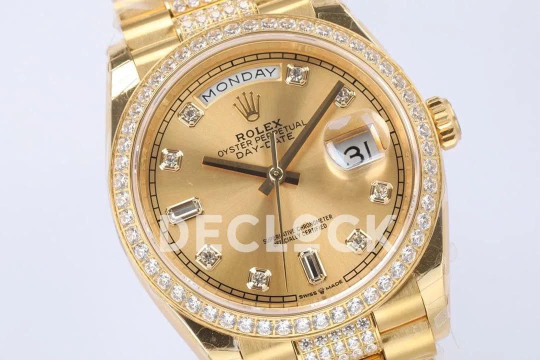 Replica Rolex Day-Date 36 128348RBR Champagne Dial with Diamond Markers and Bezel in Yellow Gold |  Declock.
