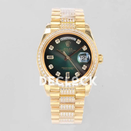 Replica Rolex Day-Date 36 128348RBR Green Dial with Diamond Bezel in Yellow Gold | Declock.