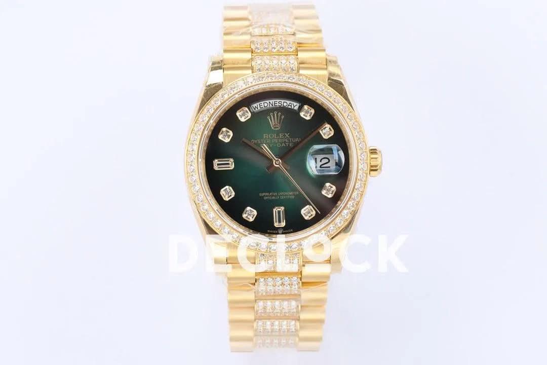 Replica Rolex Day-Date 36 128348RBR Green Dial with Diamond Bezel in Yellow Gold |  Declock.