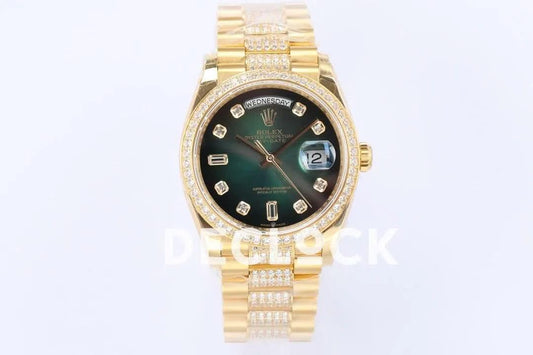 Replica Rolex Day-Date 36 128348RBR Green Dial with Diamond Bezel in Yellow Gold | Declock.