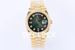 Replica Rolex Day-Date 36 128348RBR Green Dial with Diamond Bezel in Yellow Gold