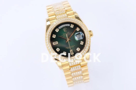 Replica Rolex Day-Date 36 128348RBR Green Dial with Diamond Bezel in Yellow Gold | Declock.