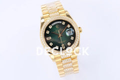 Replica Rolex Day-Date 36 128348RBR Green Dial with Diamond Bezel in Yellow Gold