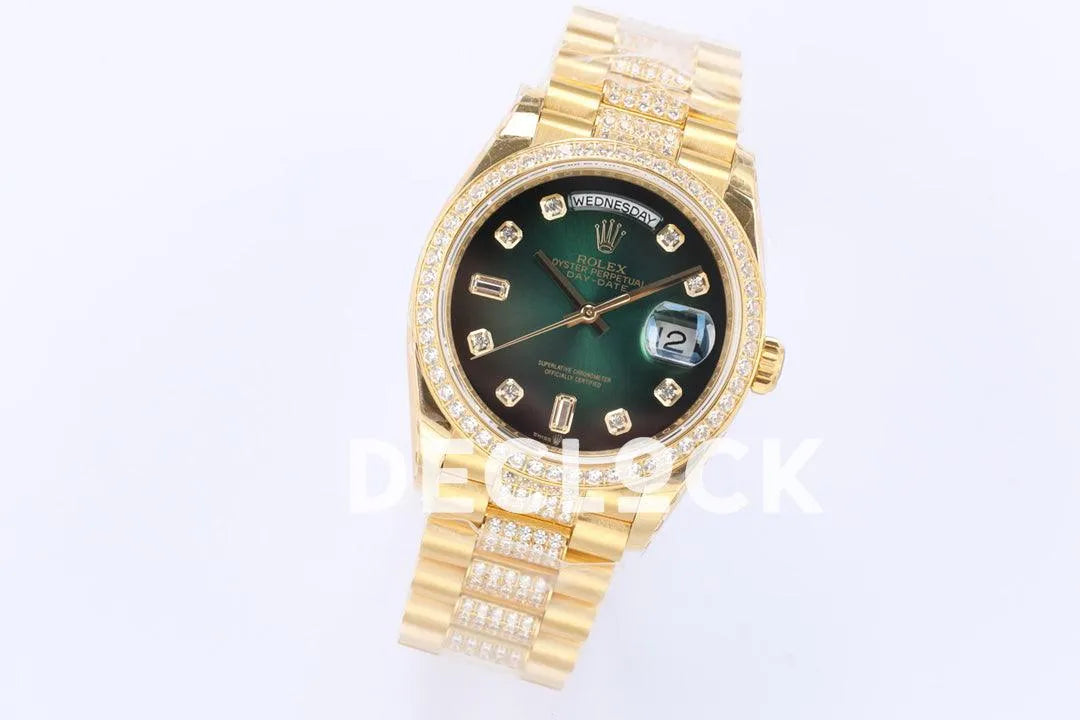 Replica Rolex Day-Date 36 128348RBR Green Dial with Diamond Bezel in Yellow Gold