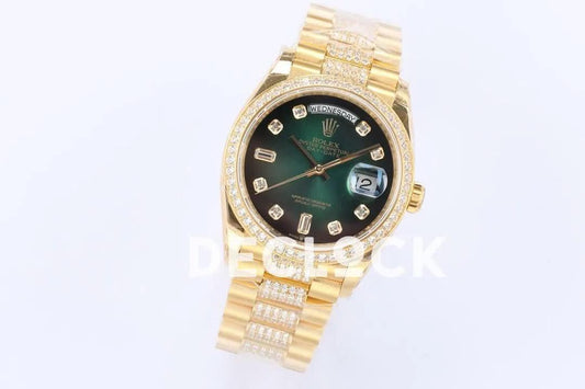 Replica Rolex Day-Date 36 128348RBR Green Dial with Diamond Bezel in Yellow Gold | Declock.