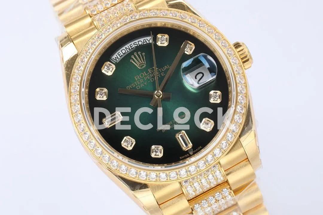 Replica Rolex Day-Date 36 128348RBR Green Dial with Diamond Bezel in Yellow Gold |  Declock.