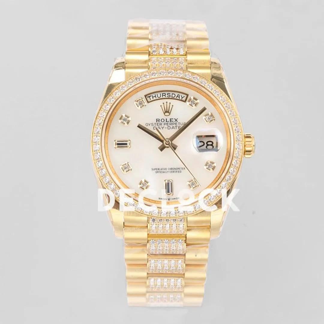 Replica Rolex Day-Date 36 128348RBR MOP Dial with Diamond Bezel in Yellow Gold |  Declock.