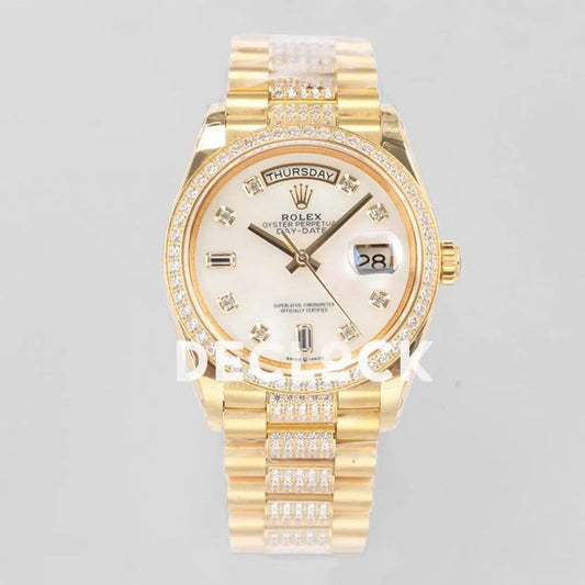 Replica Rolex Day-Date 36 128348RBR MOP Dial with Diamond Bezel in Yellow Gold |  Declock.