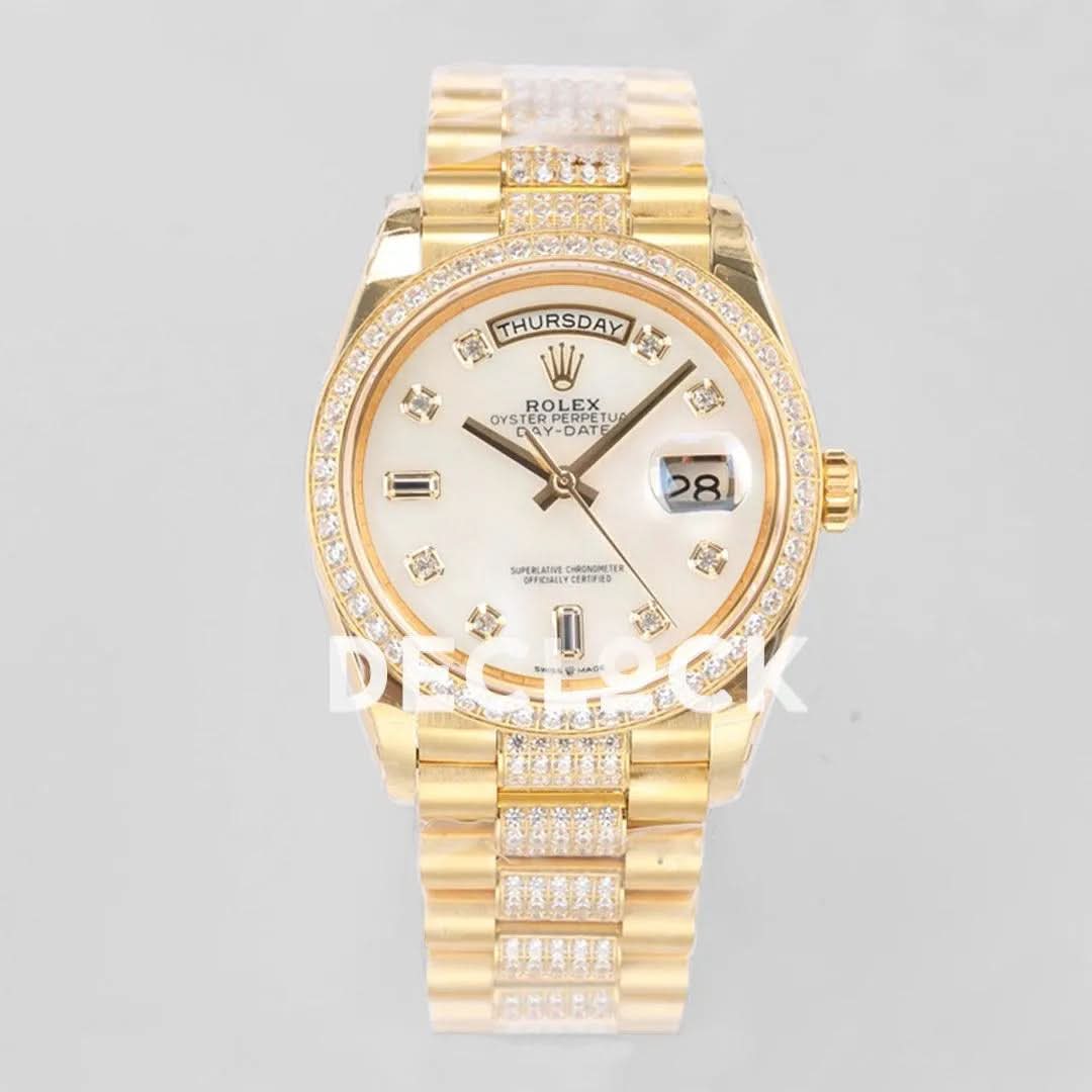 Replica Rolex Day-Date 36 128348RBR MOP Dial with Diamond Bezel in Yellow Gold