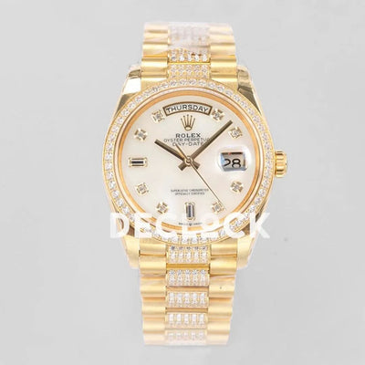 Replica Rolex Day-Date 36 128348RBR MOP Dial with Diamond Bezel in Yellow Gold