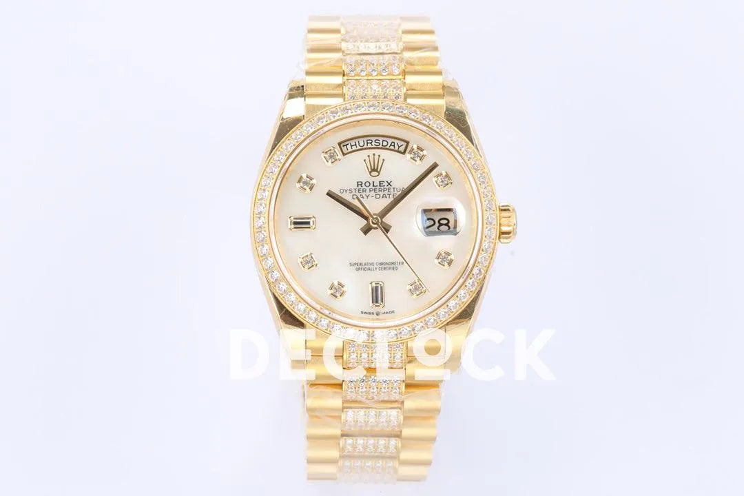 Replica Rolex Day-Date 36 128348RBR MOP Dial with Diamond Bezel in Yellow Gold