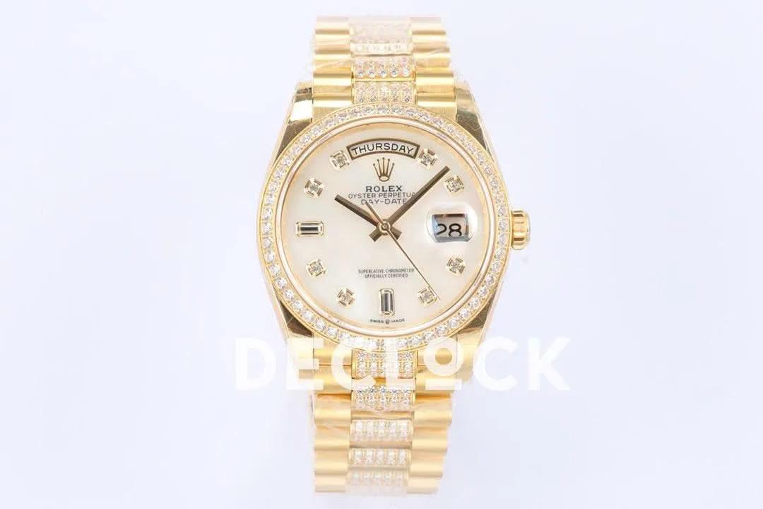 Replica Rolex Day-Date 36 128348RBR MOP Dial with Diamond Bezel in Yellow Gold |  Declock.