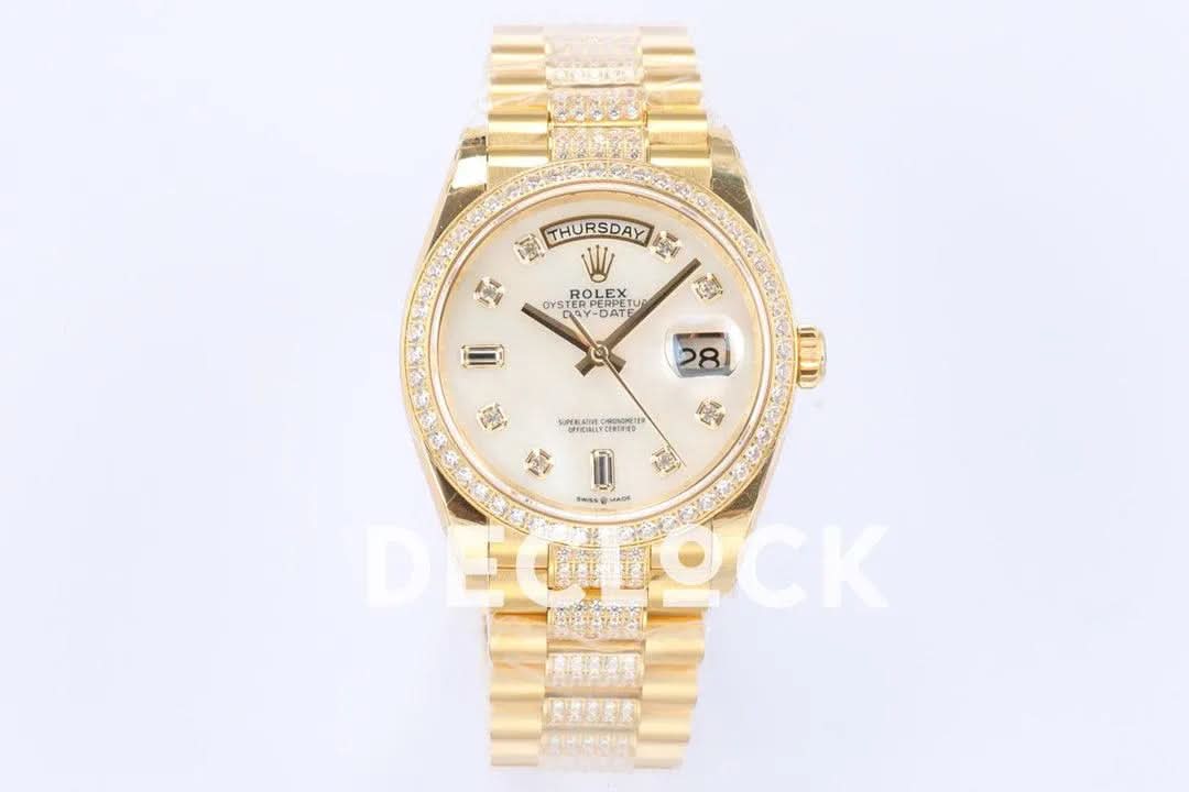 Replica Rolex Day-Date 36 128348RBR MOP Dial with Diamond Bezel in Yellow Gold