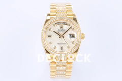 Replica Rolex Day-Date 36 128348RBR MOP Dial with Diamond Bezel in Yellow Gold