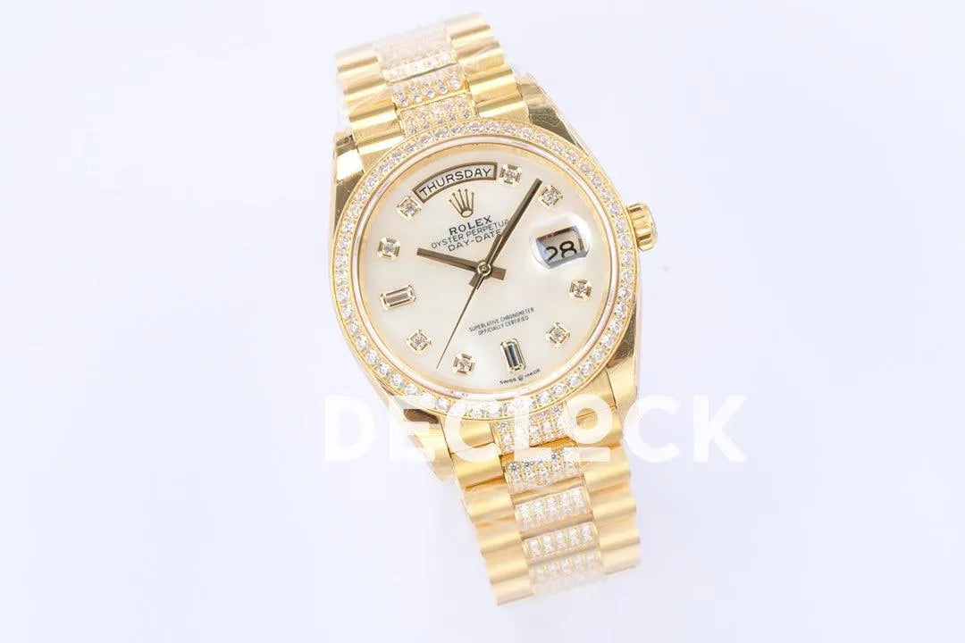 Replica Rolex Day-Date 36 128348RBR MOP Dial with Diamond Bezel in Yellow Gold