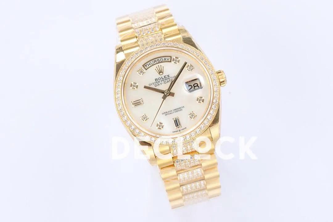 Replica Rolex Day-Date 36 128348RBR MOP Dial with Diamond Bezel in Yellow Gold |  Declock.