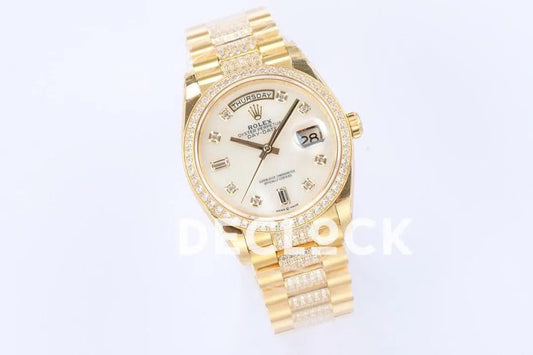 Replica Rolex Day-Date 36 128348RBR MOP Dial with Diamond Bezel in Yellow Gold |  Declock.