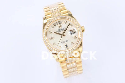 Replica Rolex Day-Date 36 128348RBR MOP Dial with Diamond Bezel in Yellow Gold
