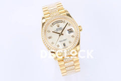 Replica Rolex Day-Date 36 128348RBR MOP Dial with Diamond Bezel in Yellow Gold