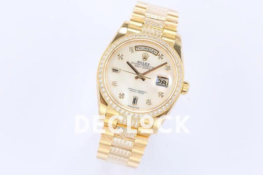Replica Rolex Day-Date 36 128348RBR MOP Dial with Diamond Bezel in Yellow Gold |  Declock.
