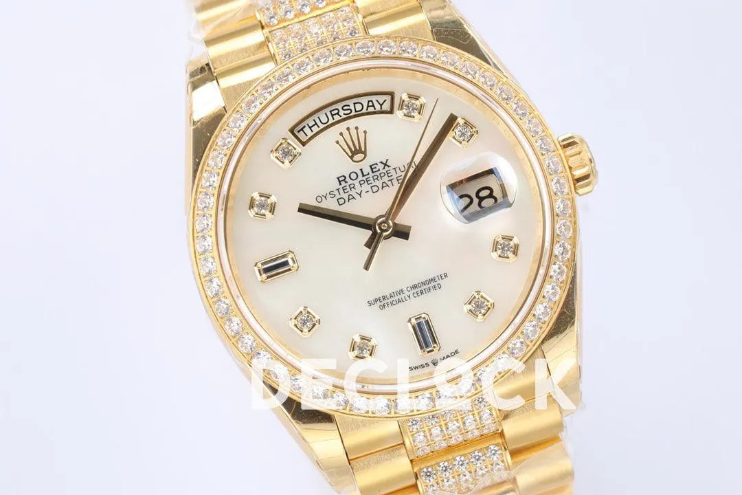 Replica Rolex Day-Date 36 128348RBR MOP Dial with Diamond Bezel in Yellow Gold