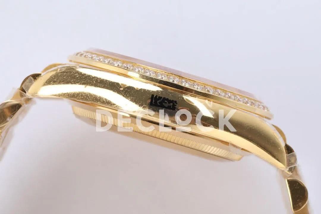 Replica Rolex Day-Date 36 128348RBR MOP Dial with Diamond Bezel in Yellow Gold |  Declock.
