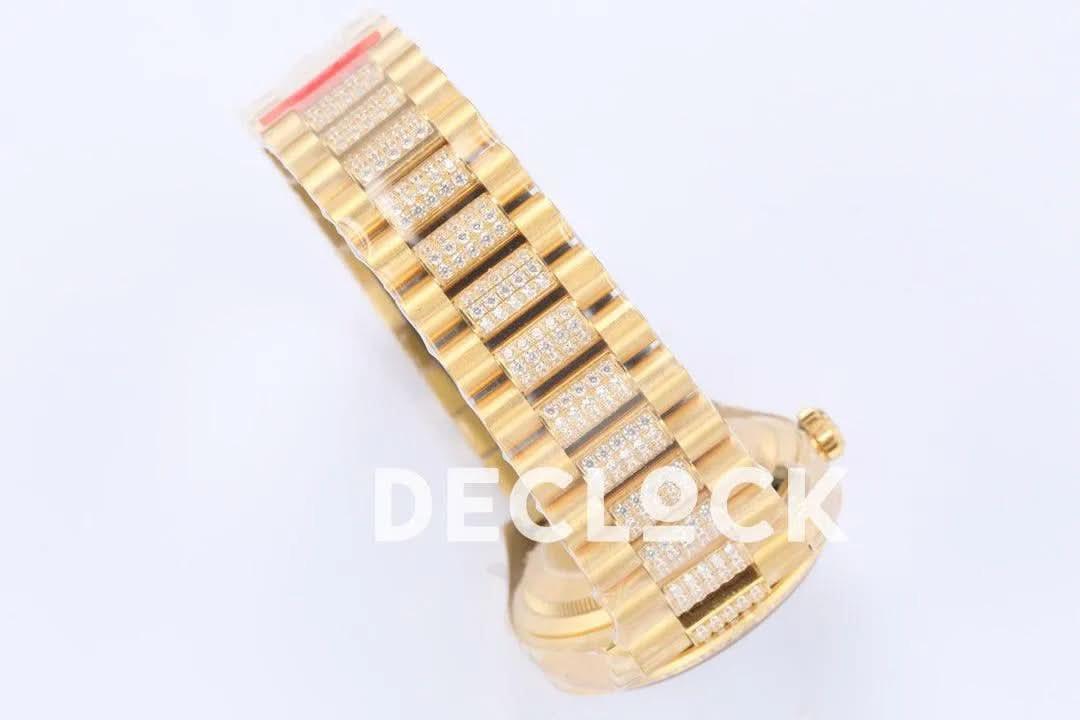 Replica Rolex Day-Date 36 128348RBR MOP Dial with Diamond Bezel in Yellow Gold |  Declock.