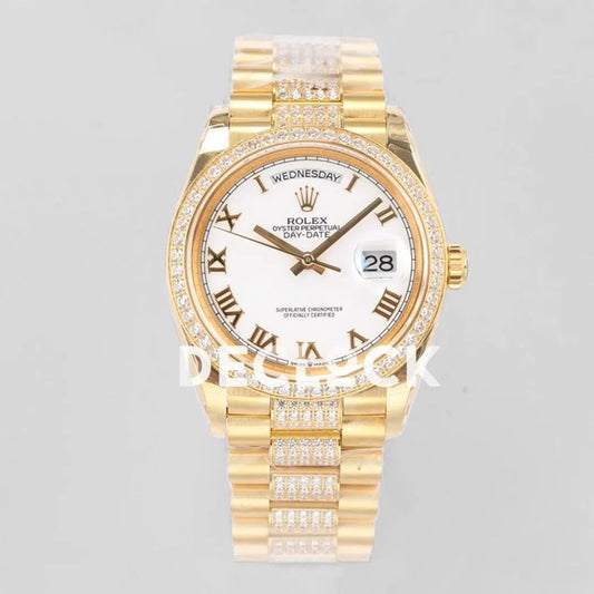 Replica Rolex Day-Date 36 128348RBR White Dial with Diamond Bezel in Yellow Gold | Declock.