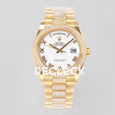 Replica Rolex Day-Date 36 128348RBR White Dial with Diamond Bezel in Yellow Gold - Replica Watches