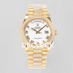 Replica Rolex Day-Date 36 128348RBR White Dial with Diamond Bezel in Yellow Gold