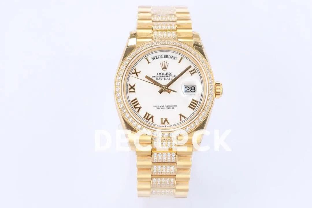 Replica Rolex Day-Date 36 128348RBR White Dial with Diamond Bezel in Yellow Gold |  Declock.