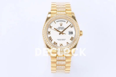 Replica Rolex Day-Date 36 128348RBR White Dial with Diamond Bezel in Yellow Gold