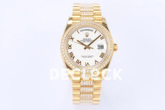 Replica Rolex Day-Date 36 128348RBR White Dial with Diamond Bezel in Yellow Gold