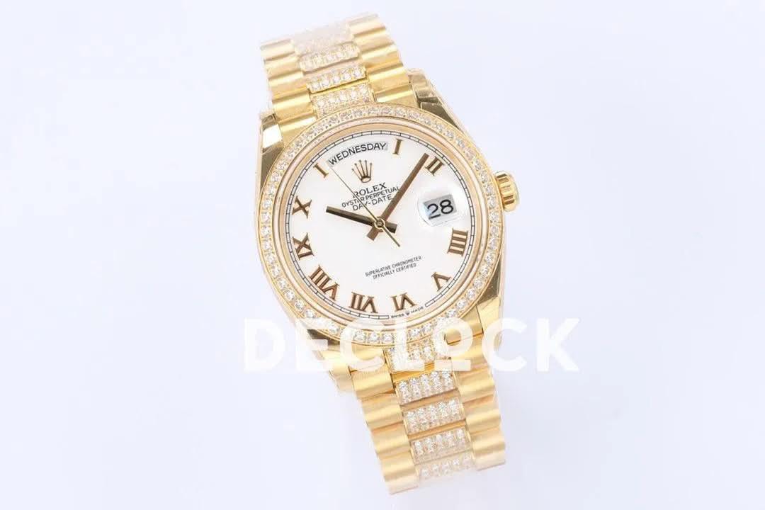 Replica Rolex Day-Date 36 128348RBR White Dial with Diamond Bezel in Yellow Gold |  Declock.