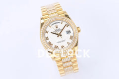 Replica Rolex Day-Date 36 128348RBR White Dial with Diamond Bezel in Yellow Gold