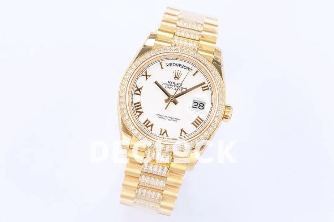 Replica Rolex Day-Date 36 128348RBR White Dial with Diamond Bezel in Yellow Gold |  Declock.