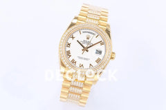 Replica Rolex Day-Date 36 128348RBR White Dial with Diamond Bezel in Yellow Gold