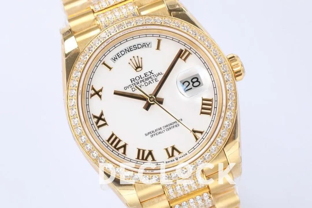 Replica Rolex Day-Date 36 128348RBR White Dial with Diamond Bezel in Yellow Gold |  Declock.