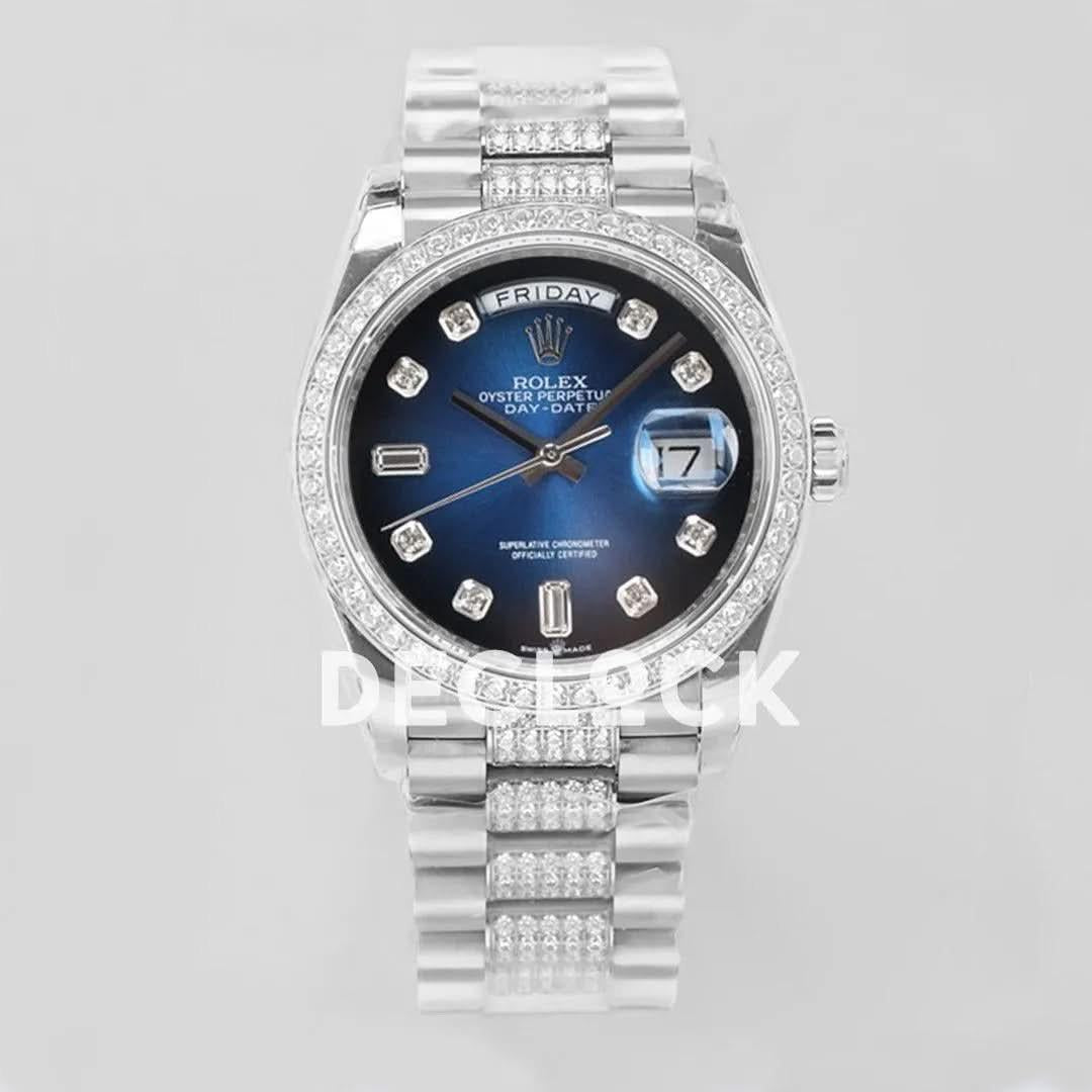 Replica Rolex Day-Date 36 128349RBR Blue Dial with Diamond Bezel in White Gold |  Declock.