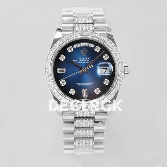 Replica Rolex Day-Date 36 128349RBR Blue Dial with Diamond Bezel in White Gold | Declock.