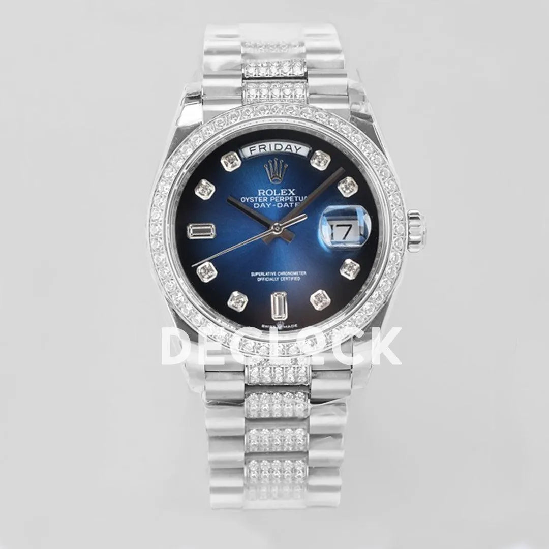 Replica Rolex Day-Date 36 128349RBR Blue Dial with Diamond Bezel in White Gold