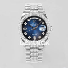 Replica Rolex Day-Date 36 128349RBR Blue Dial with Diamond Bezel in White Gold