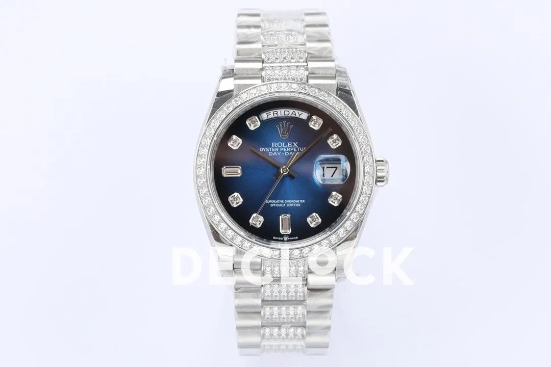 Replica Rolex Day-Date 36 128349RBR Blue Dial with Diamond Bezel in White Gold